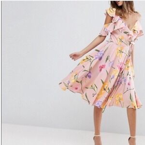 ASOS Pink Floral‎ Ruffle Wrap Midi Dress 8 Coquette Fairy Cottage Romantic Boho